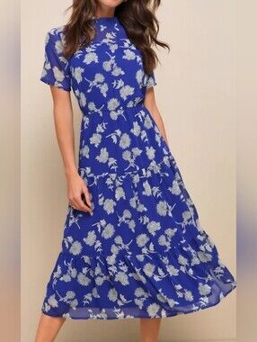 Lulus Asian Print Blue Maxi Dress S